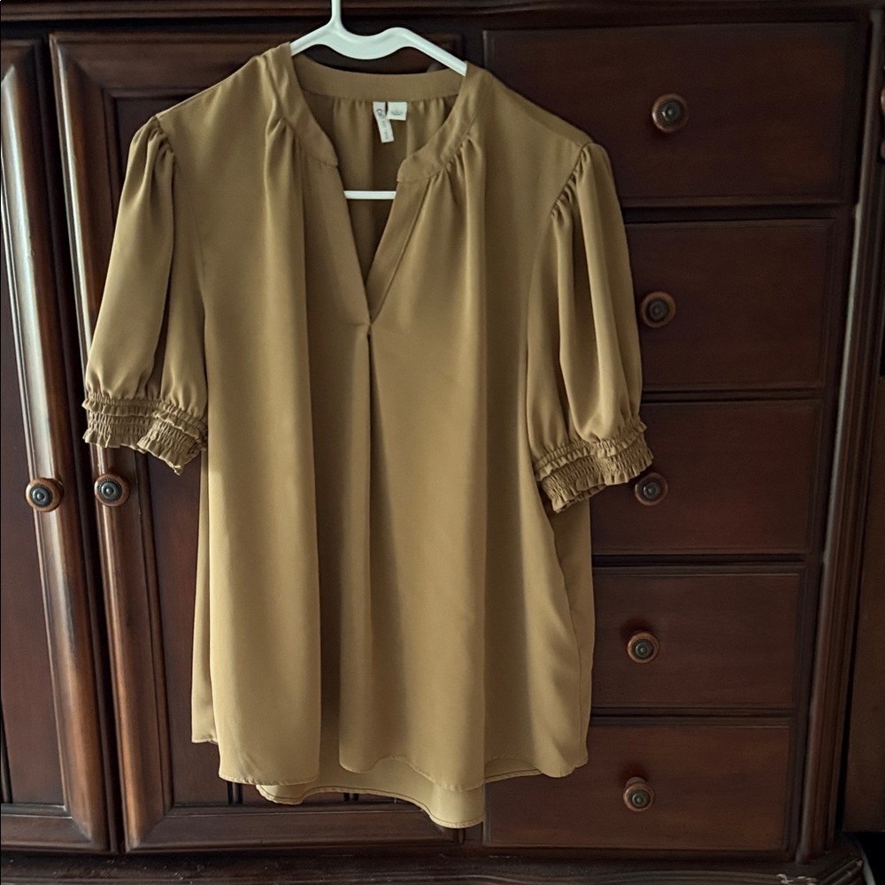 Cato Tan Blouse with Gathered Sleeves